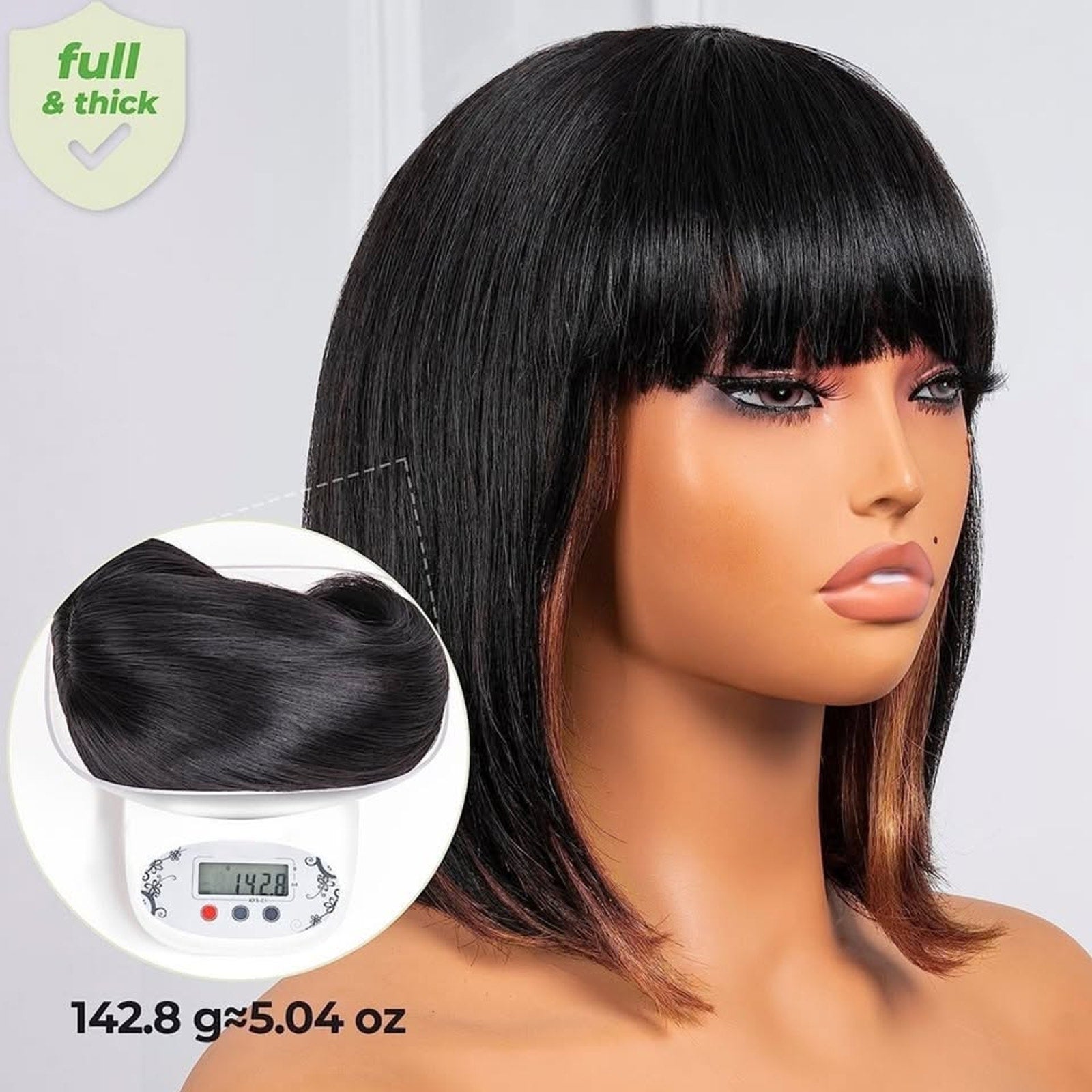 Hair Bob Wigs With Bangs- 10 Inch Black Mix Brown-100% Brazilian Virgin Hair Wig
