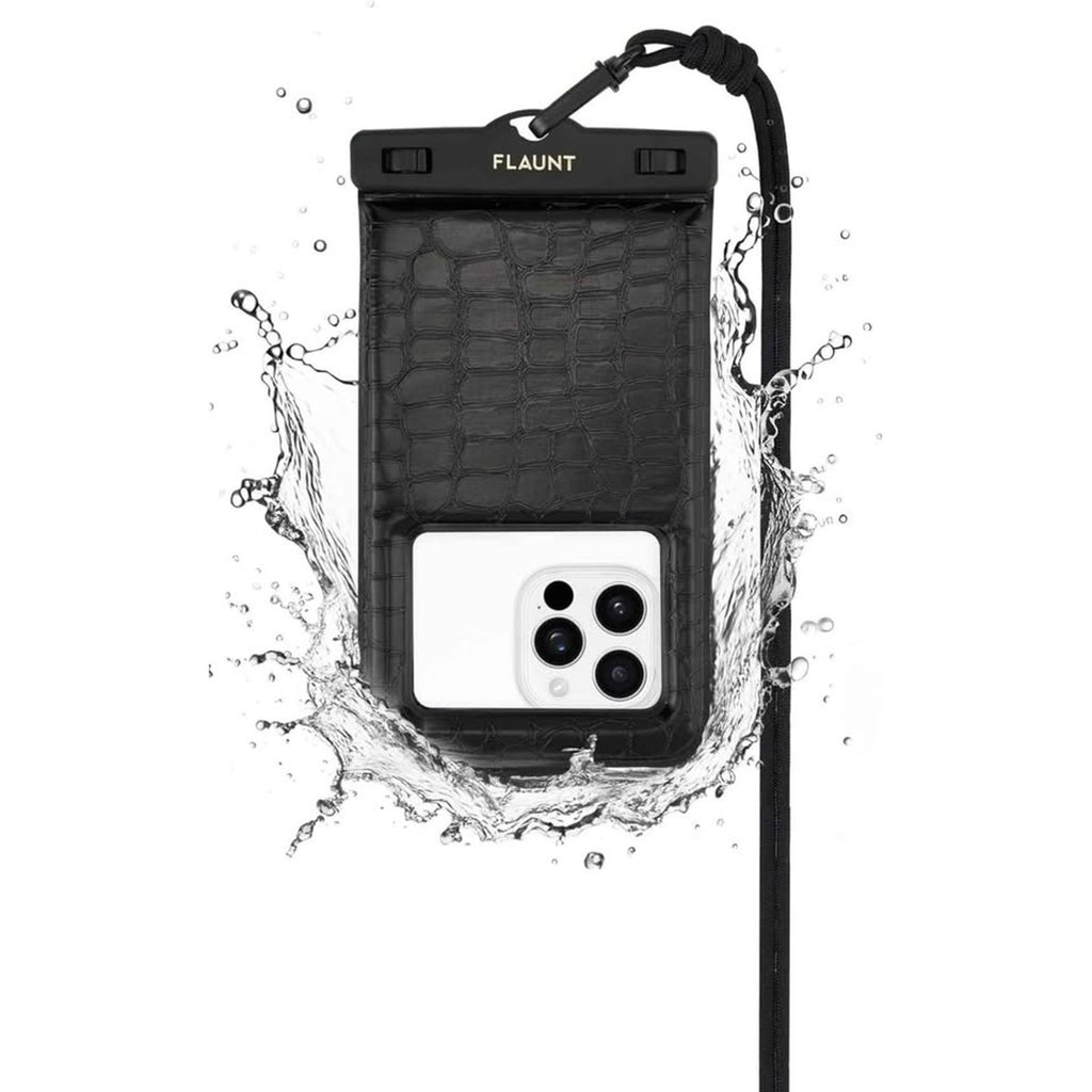 Flaunt Black Crocodile Waterproof Floating Phone Pouch with Crossbody Lanyard