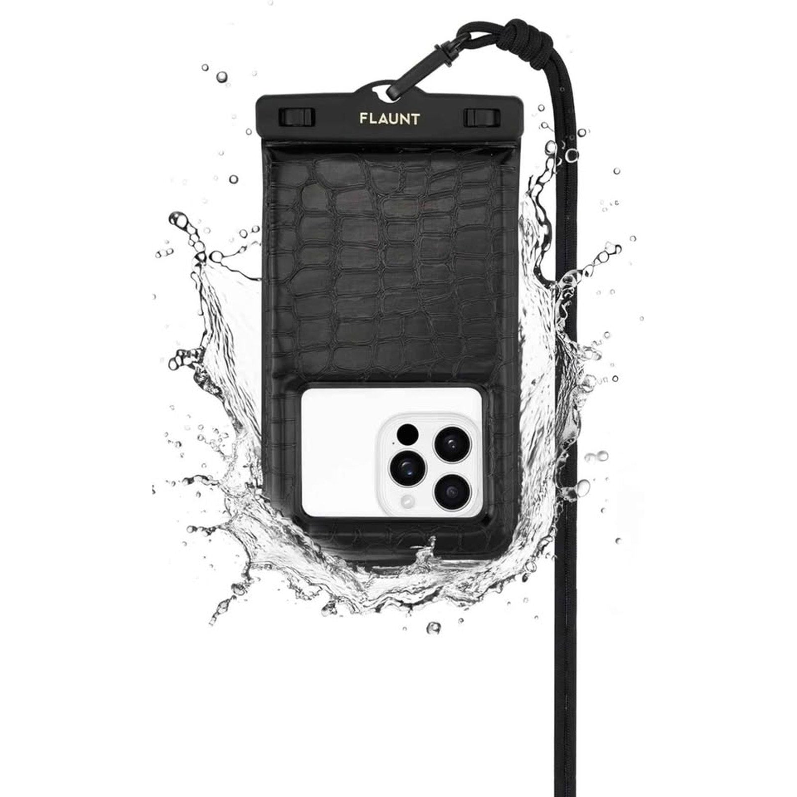 Flaunt Black Crocodile Waterproof Floating Phone Pouch with Crossbody Lanyard