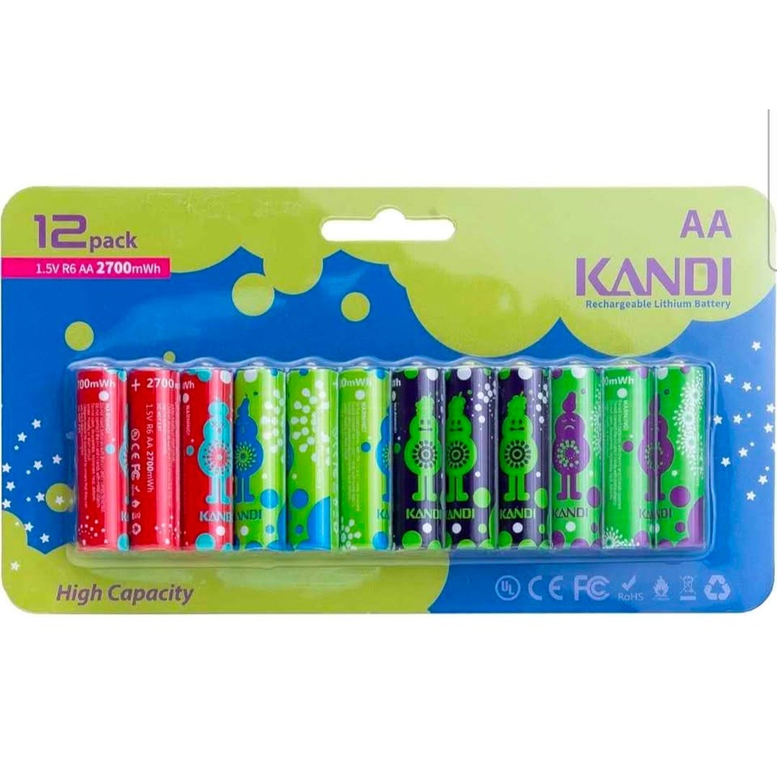 Kandi America AA Lithium Rechargeable Batteries 12 Pack, Double A Long Lasting Rechargeable Batterie