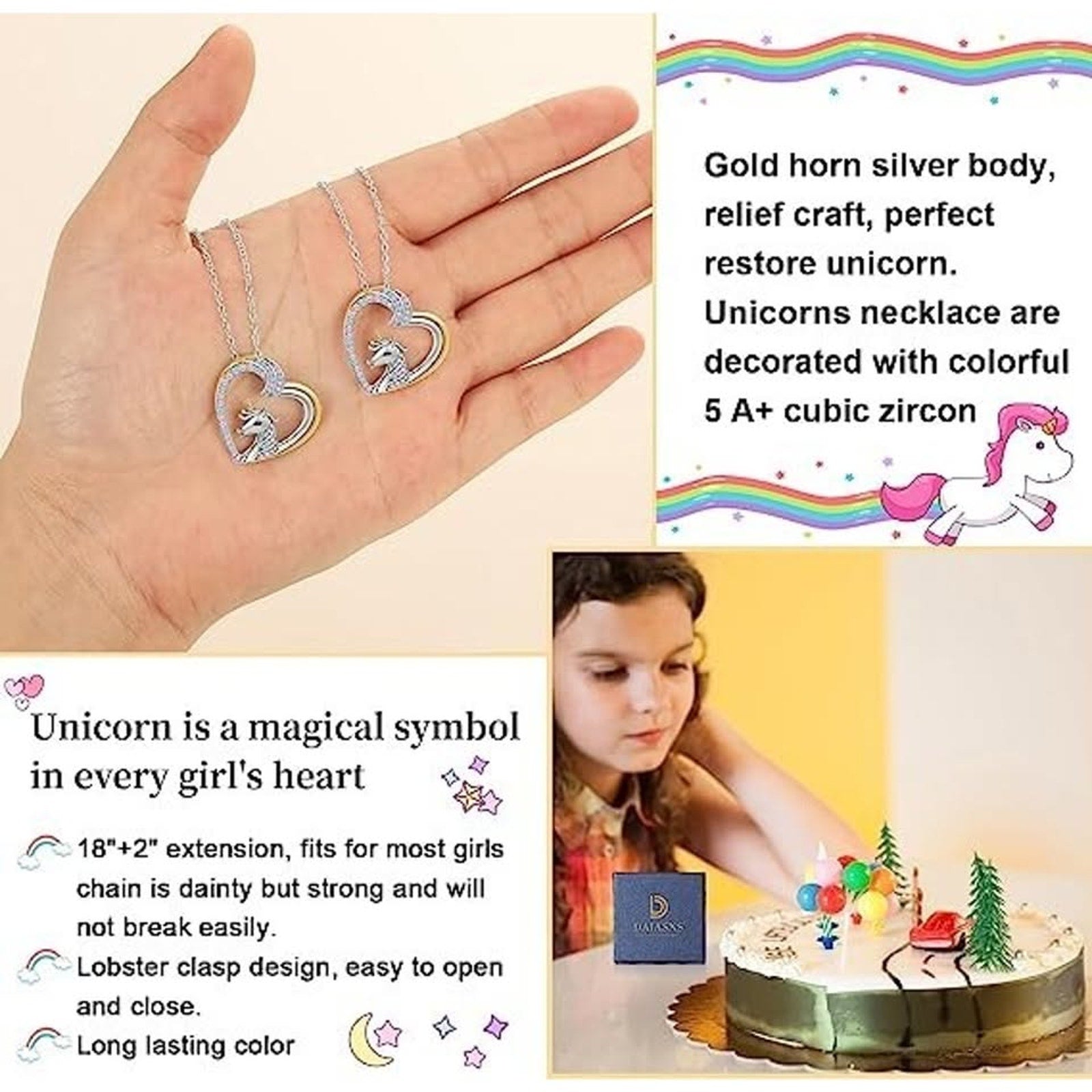 Unicorns Necklace 14k Gold Plated and White Gold Plated Colorful CZ Heart chain