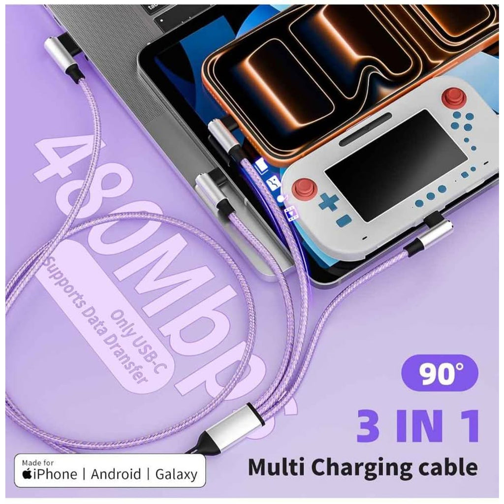 Right Angle 3 in 1 Charging Cable with USB-A to USB C/IP/Micro USB