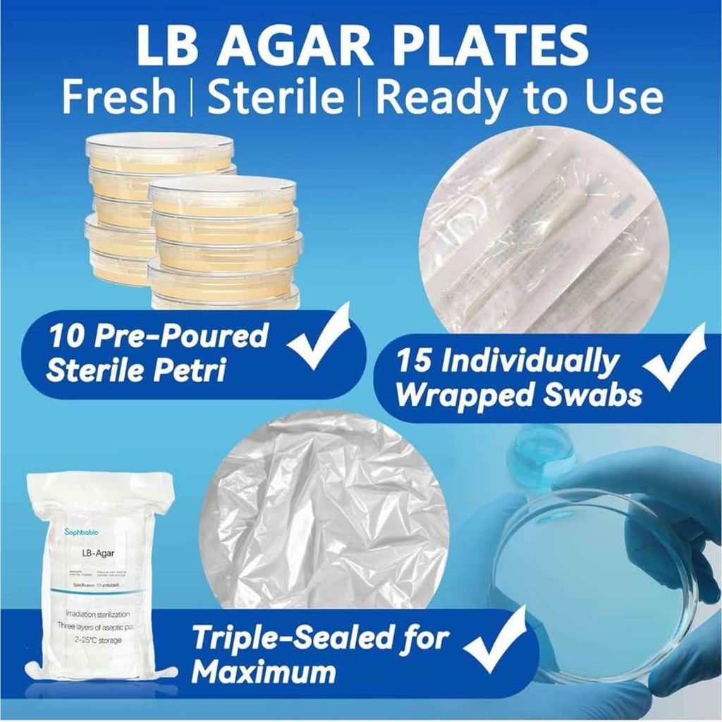 LB Agar Plates – 10 Pre-Poured Sterile Petri Dishes & 15 Sterile Swabs