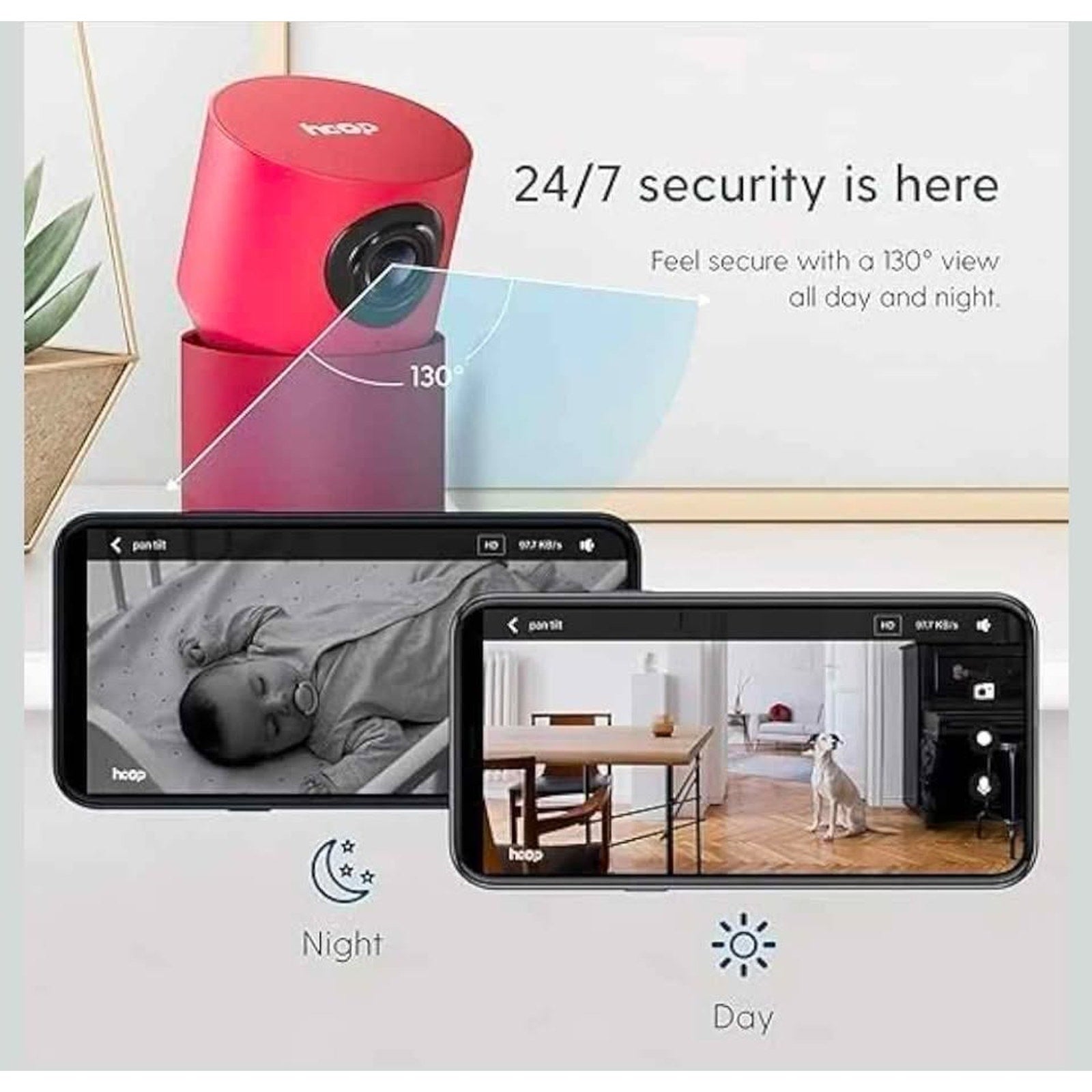 Hoop Wireless HD Indoor Security Camera with 10-Second Automatic Clip Storage, Smartphone App, Night