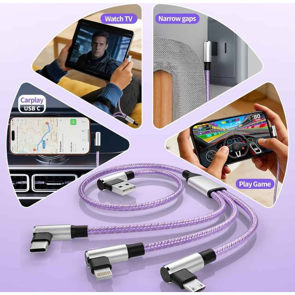 Right Angle 3 in 1 Charging Cable with USB-A to USB C/IP/Micro USB