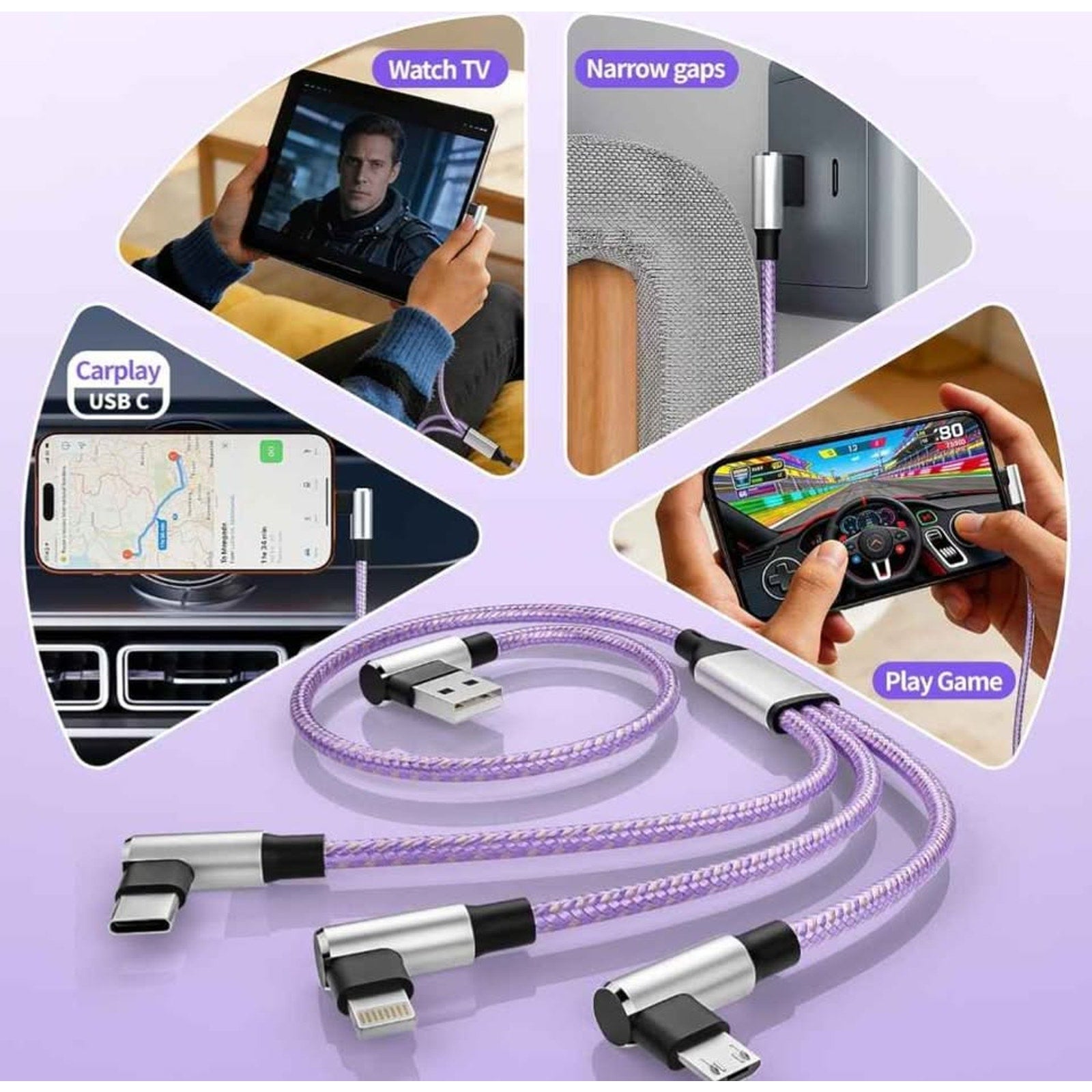 Right Angle 3 in 1 Charging Cable with USB-A to USB C/IP/Micro USB