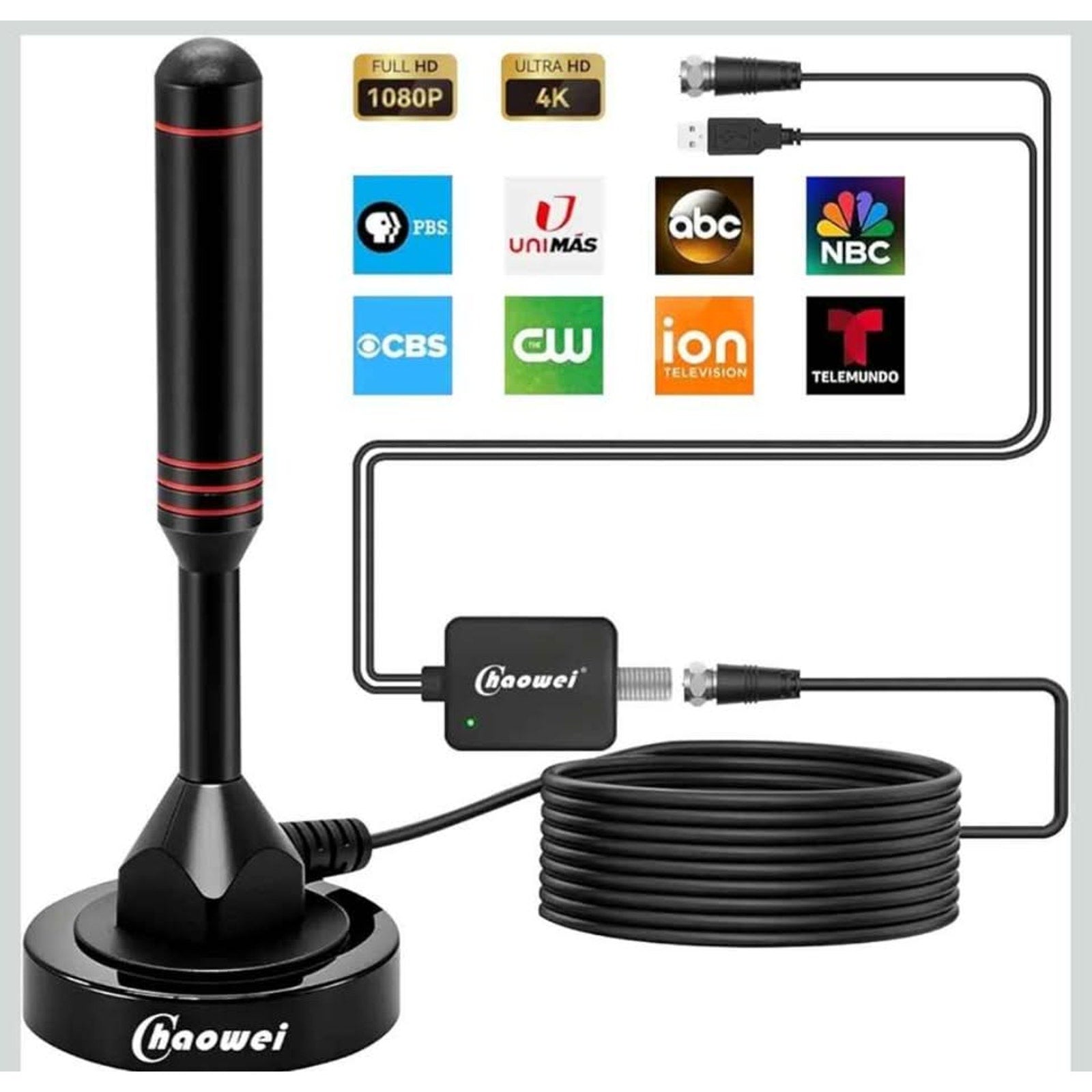 Compact Indoor-Outdoor Digital TV Antenna with 16.5ft Cable & Magnetic Base