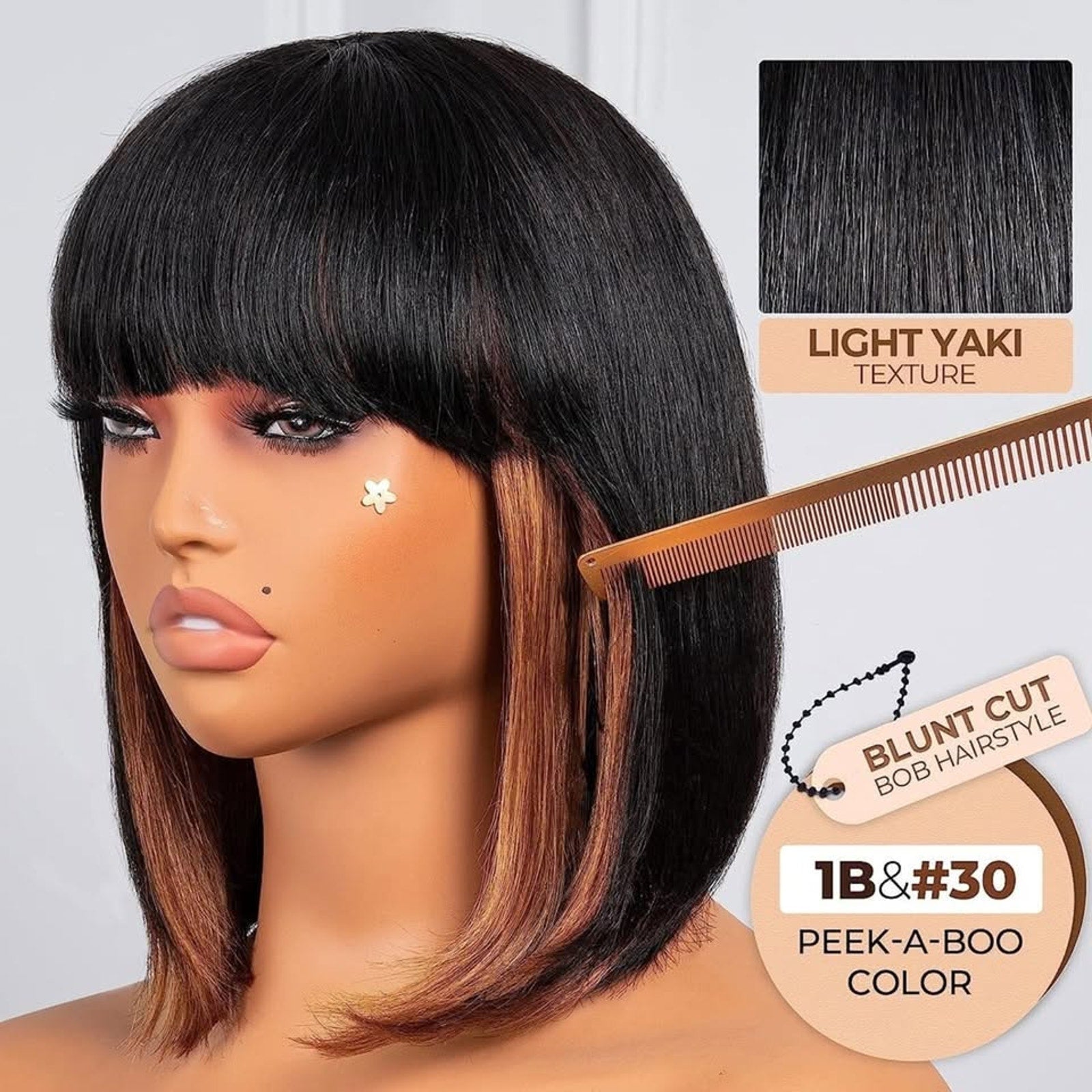 Hair Bob Wigs With Bangs- 10 Inch Black Mix Brown-100% Brazilian Virgin Hair Wig