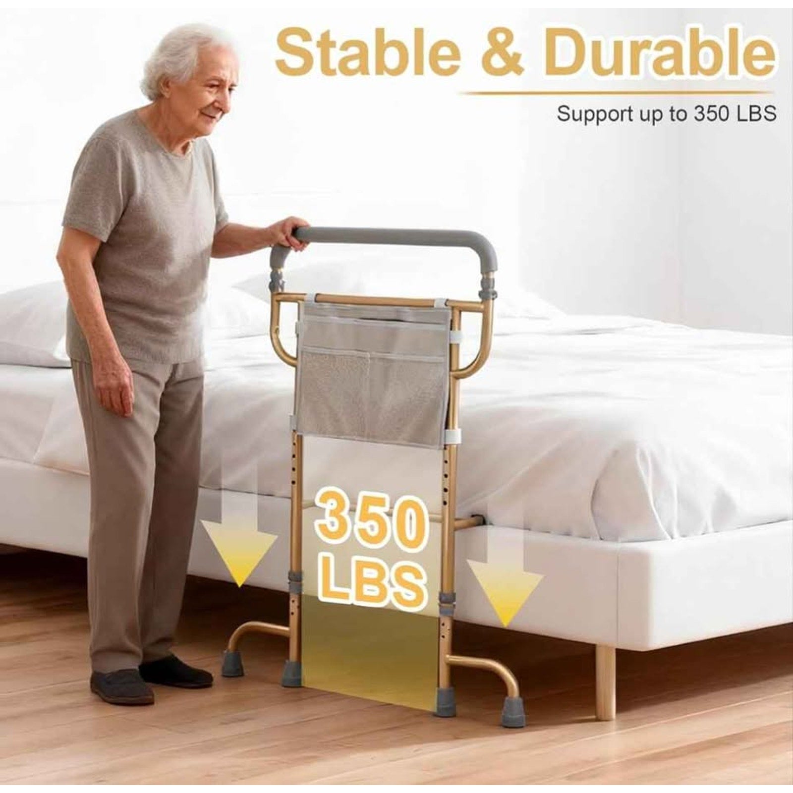 Bed Rails for Elderly Adults Safety - Adjustable Bed Cane with Non-Slip Ergonomic Handle & Storage P