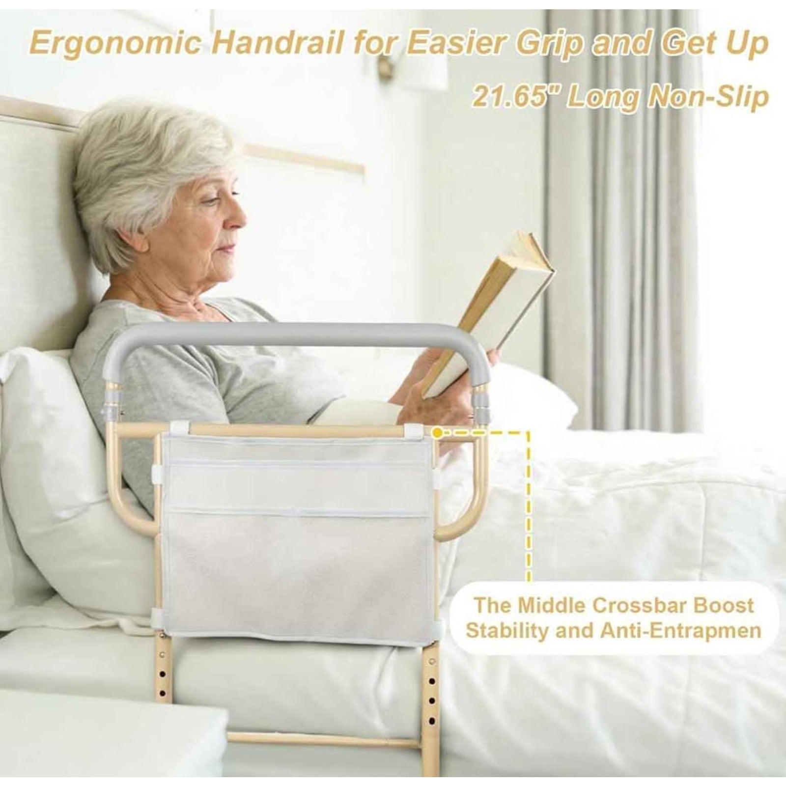 Bed Rails for Elderly Adults Safety - Adjustable Bed Cane with Non-Slip Ergonomic Handle & Storage P