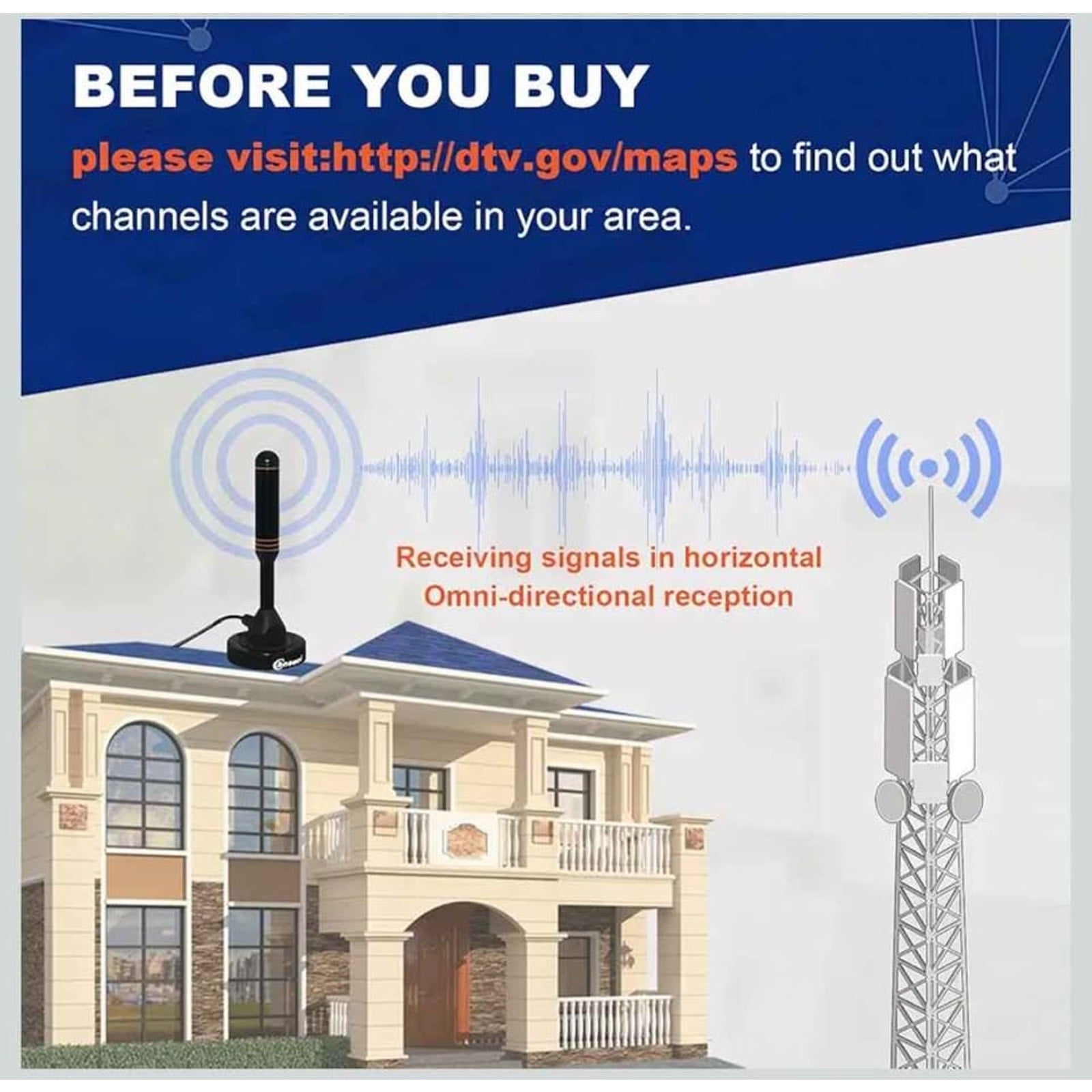 Compact Indoor-Outdoor Digital TV Antenna with 16.5ft Cable & Magnetic Base