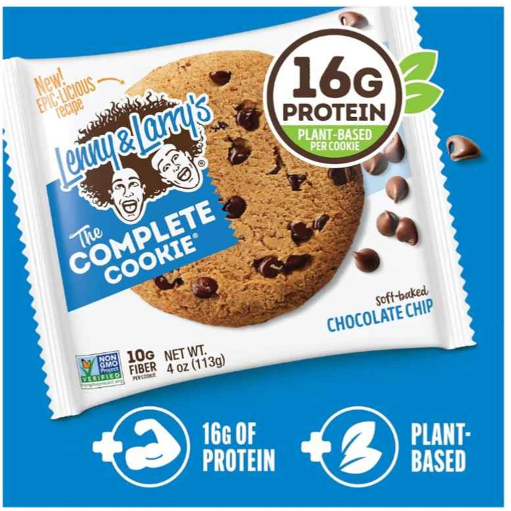 Lenny & Larry's Protein Cookie 16g protein 10g fiber. Chocolate chip. Peanut butter. Cinnamon