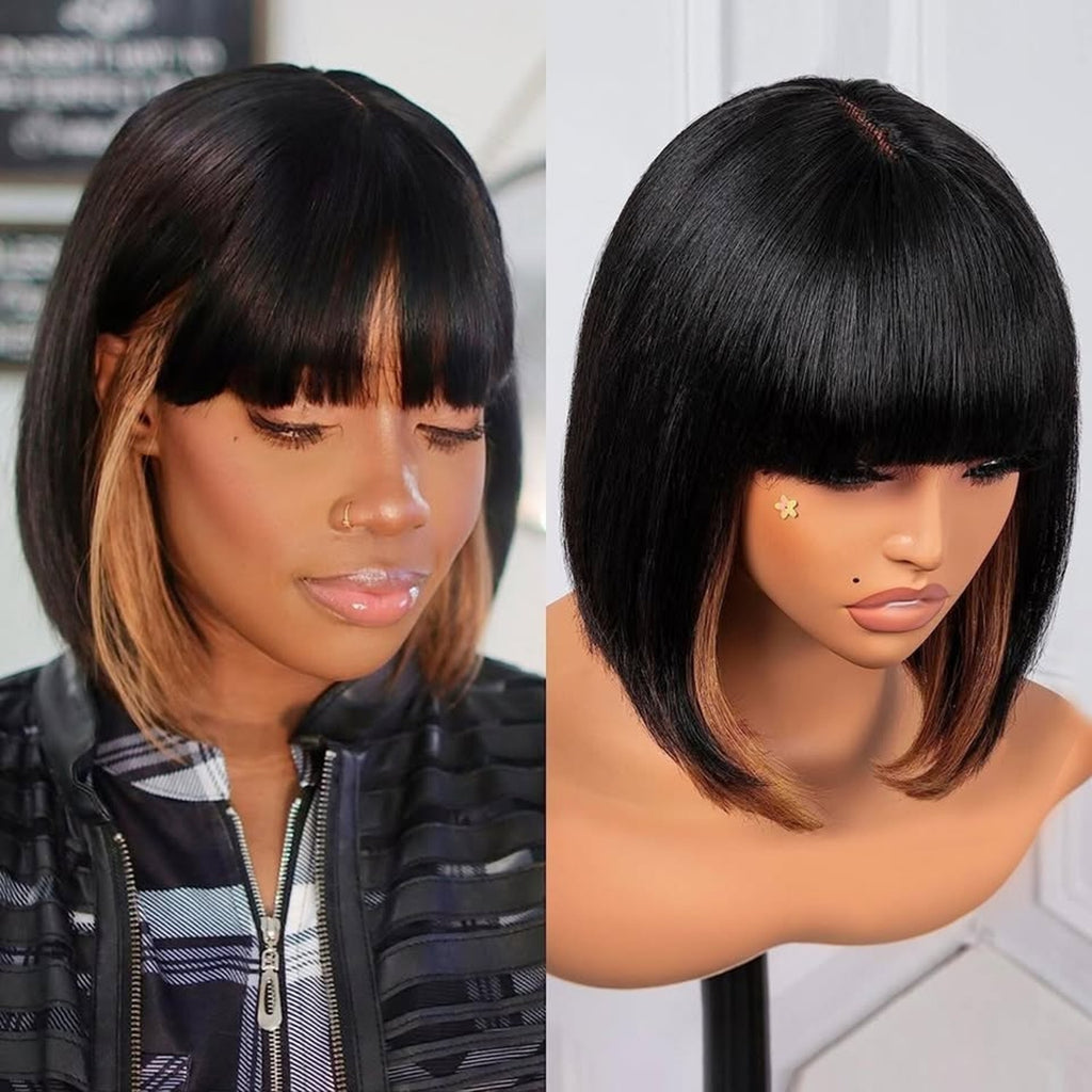 Hair Bob Wigs With Bangs- 10 Inch Black Mix Brown-100% Brazilian Virgin Hair Wig