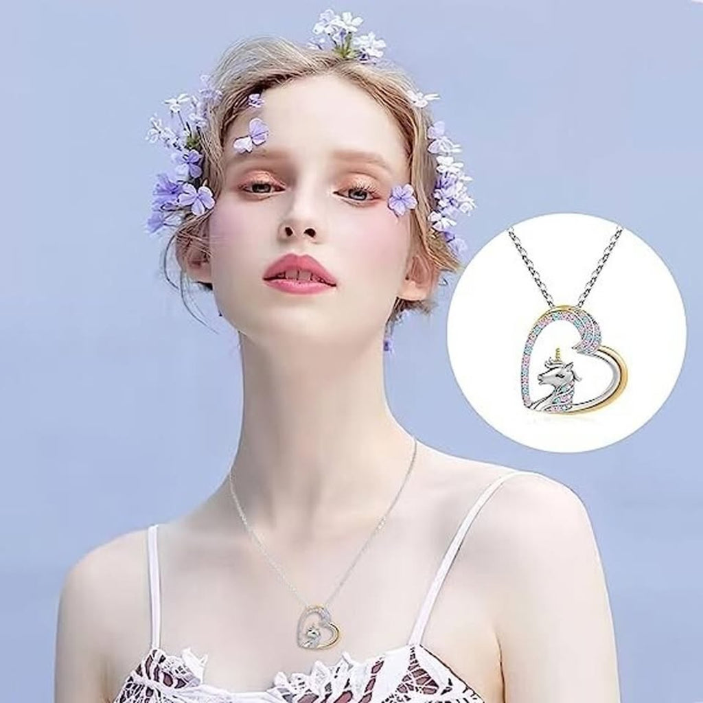 Unicorns Necklace 14k Gold Plated and White Gold Plated Colorful CZ Heart chain