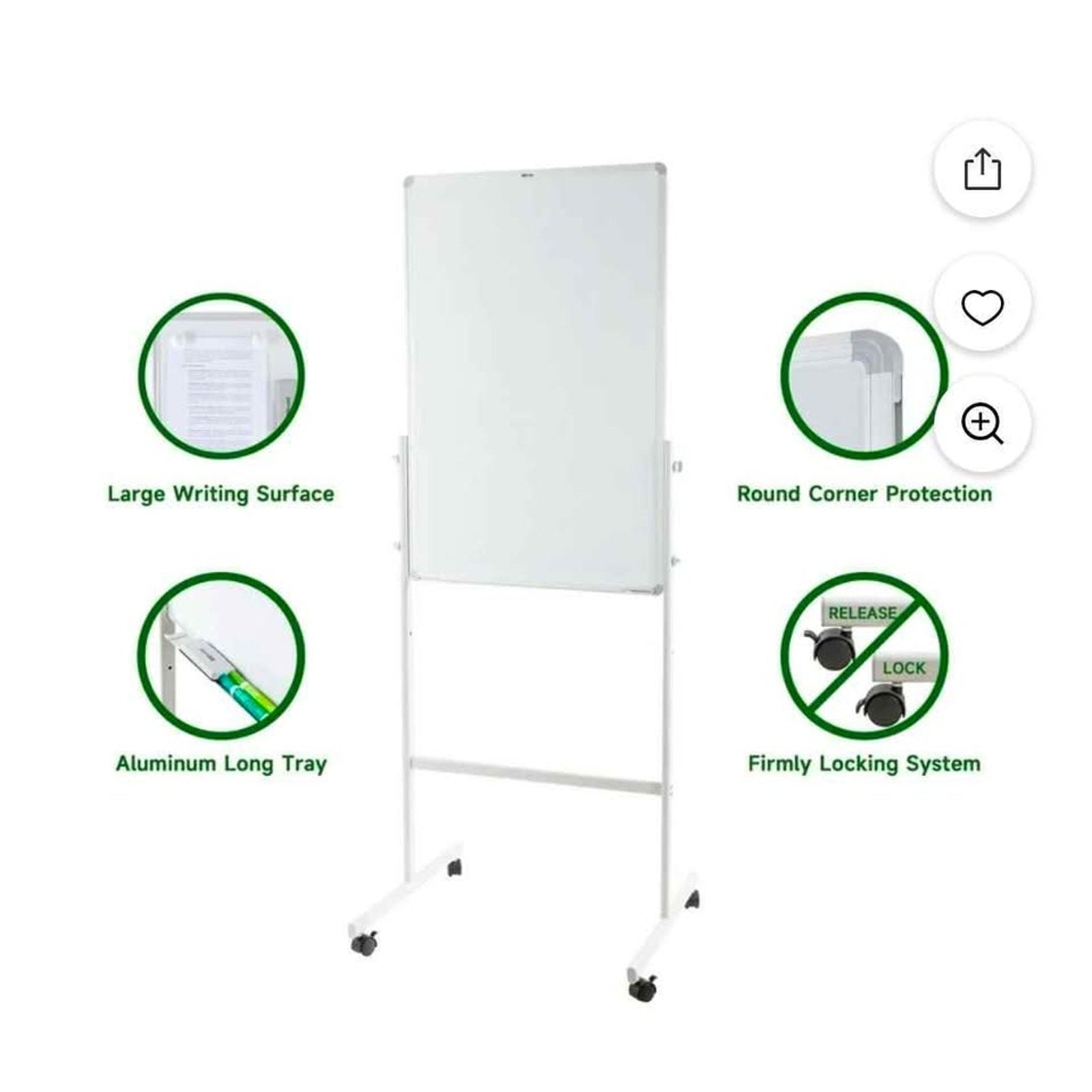 Double sided white board with wheels and accessories 36" x 24"