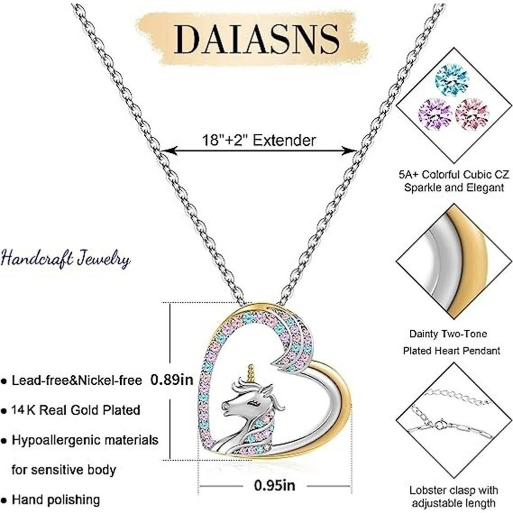 Unicorns Necklace 14k Gold Plated and White Gold Plated Colorful CZ Heart chain