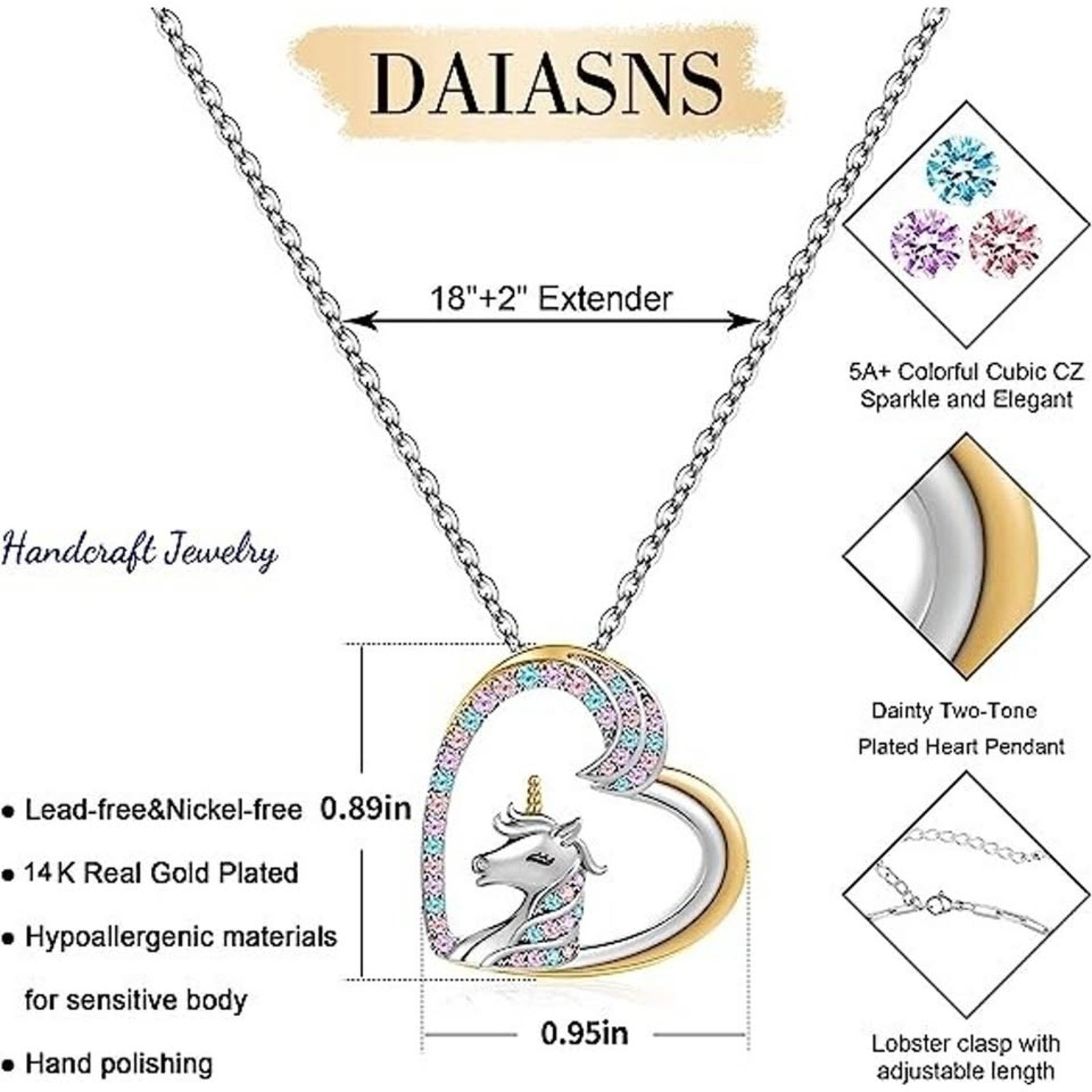 Unicorns Necklace 14k Gold Plated and White Gold Plated Colorful CZ Heart chain
