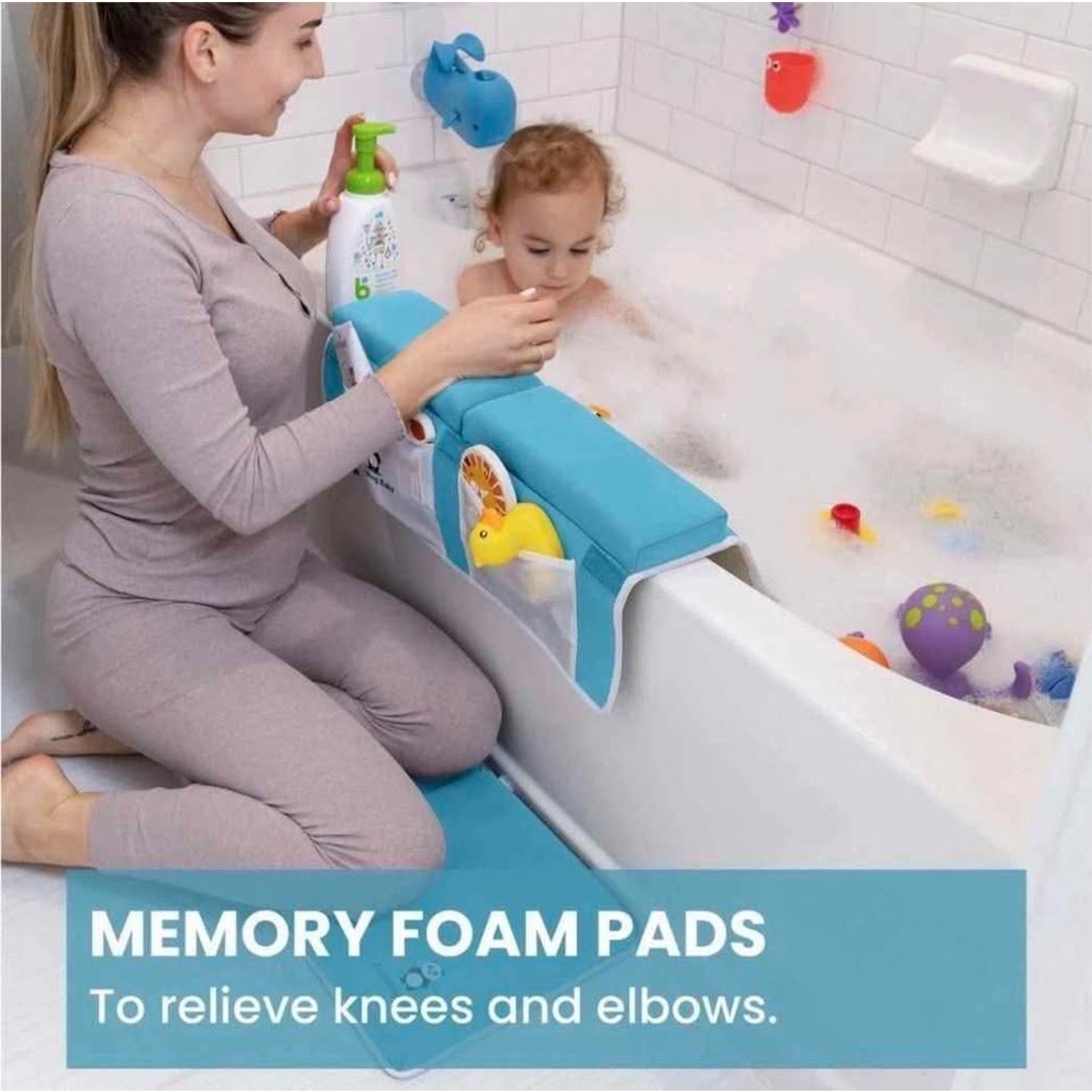 (Blue) Bath Kneeler and Elbow Rest Pad Set - 2PC Premium Baby Bath Mat Set