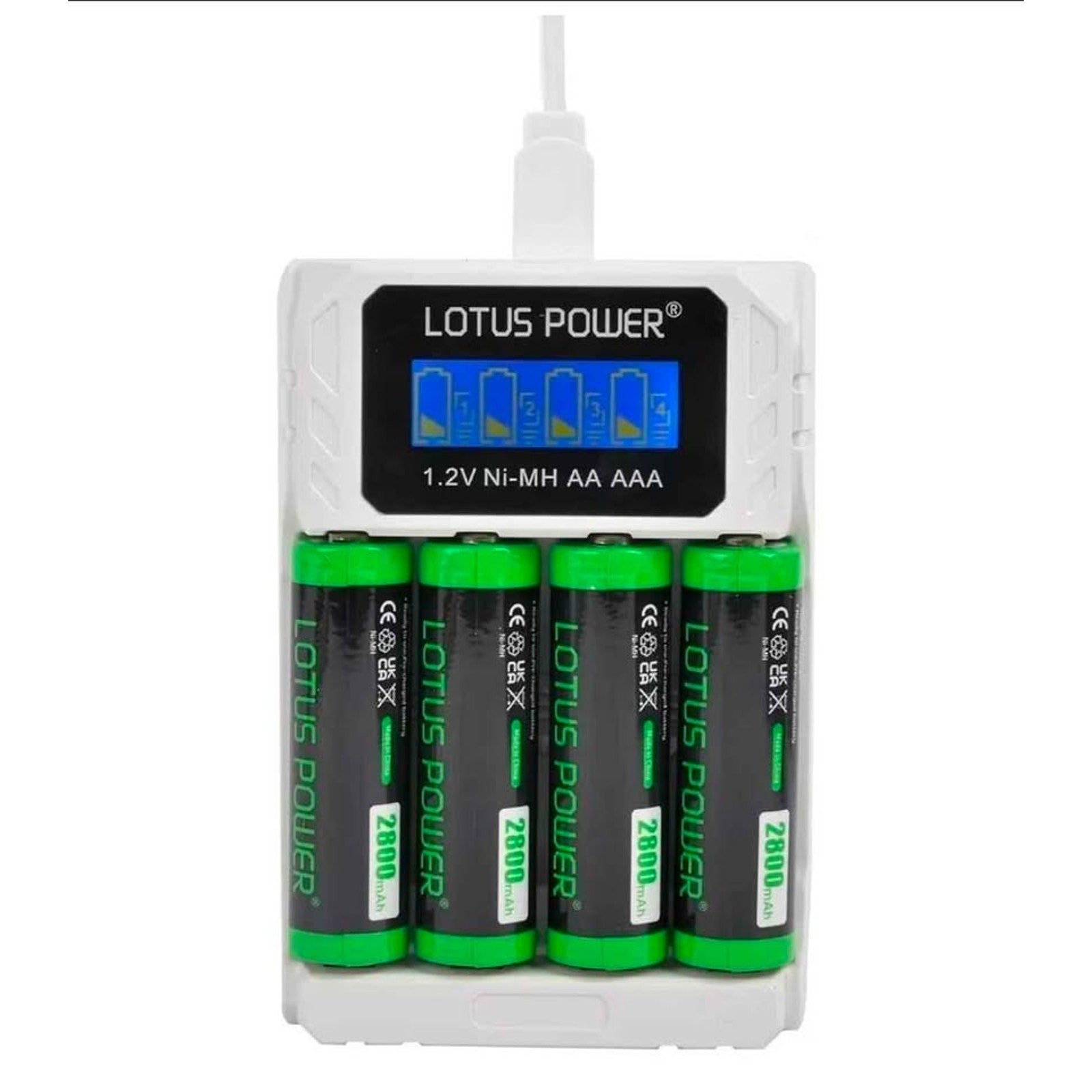 Universal 4 Slot Battery Charger & 1.2 V Ni-MH AA Batteries Set, LCD AA Charger