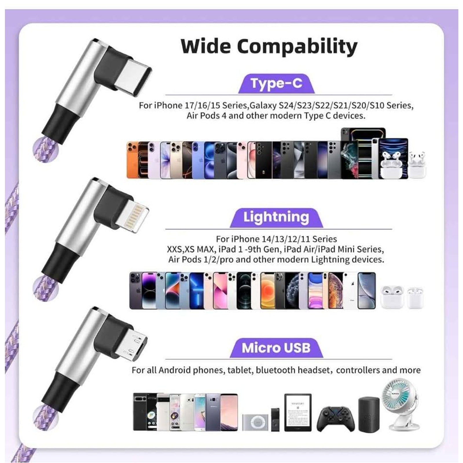 Right Angle 3 in 1 Charging Cable with USB-A to USB C/IP/Micro USB