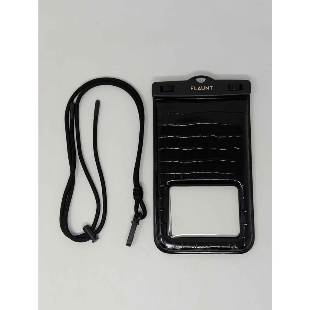 Flaunt Black Crocodile Waterproof Floating Phone Pouch with Crossbody Lanyard