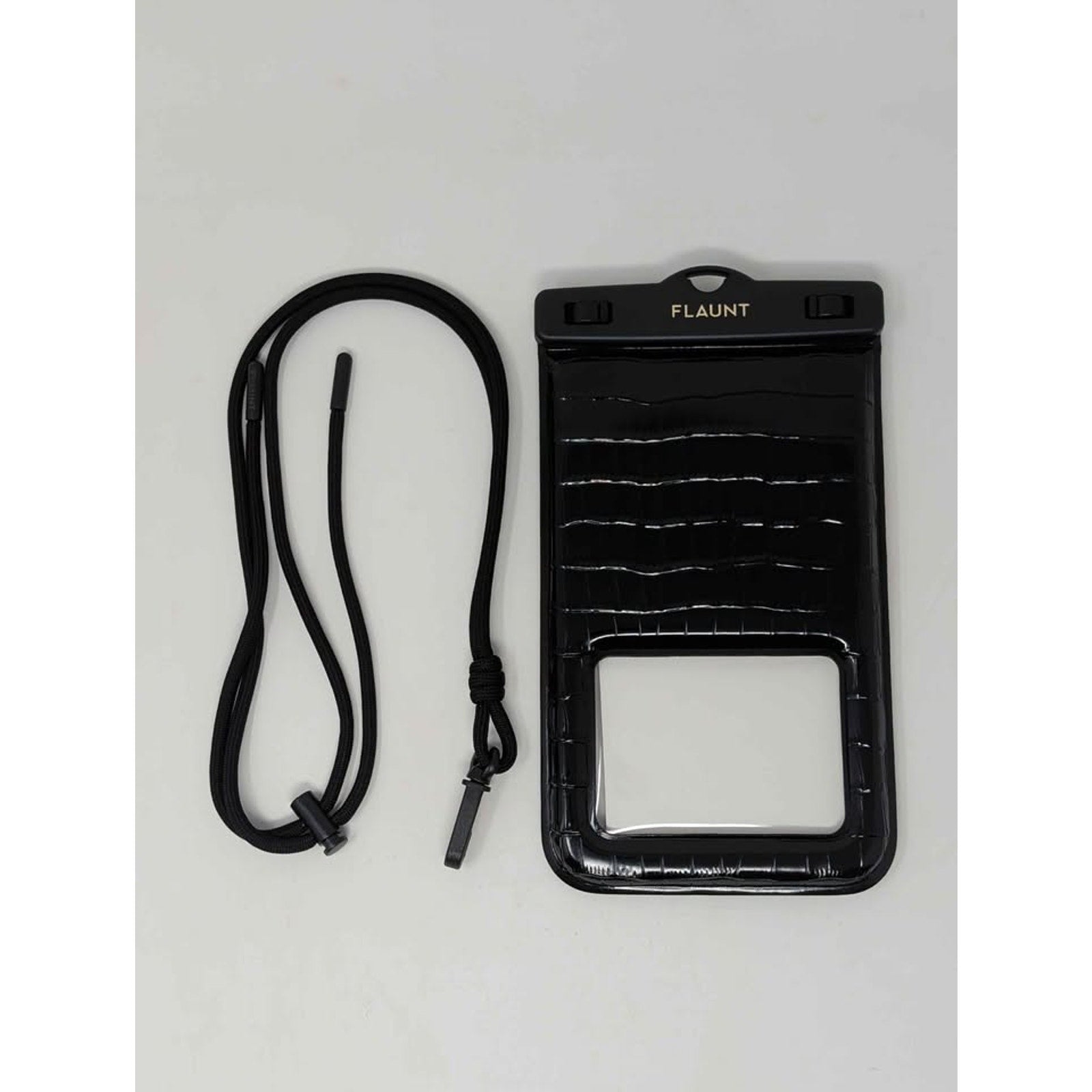 Flaunt Black Crocodile Waterproof Floating Phone Pouch with Crossbody Lanyard