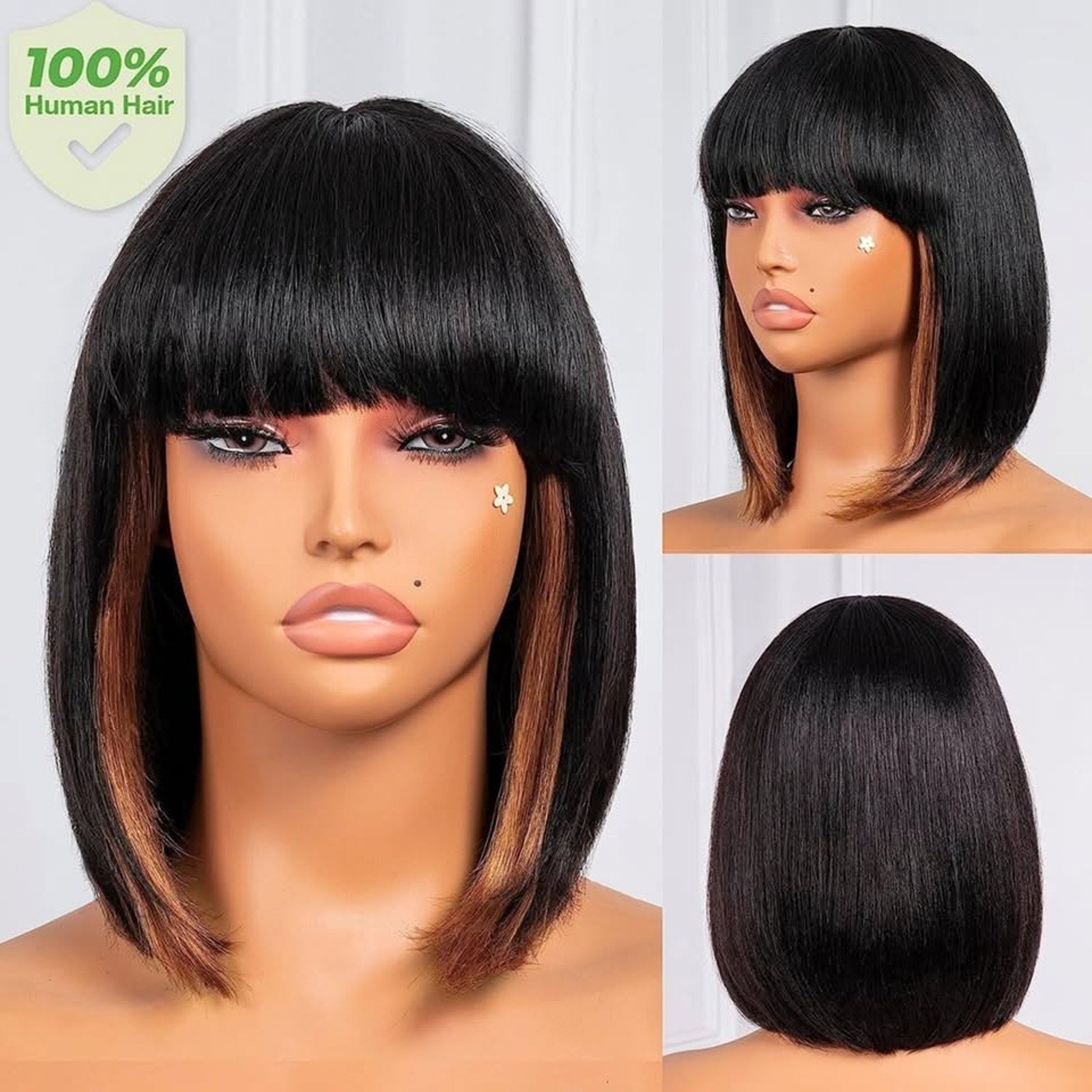 Hair Bob Wigs With Bangs- 10 Inch Black Mix Brown-100% Brazilian Virgin Hair Wig