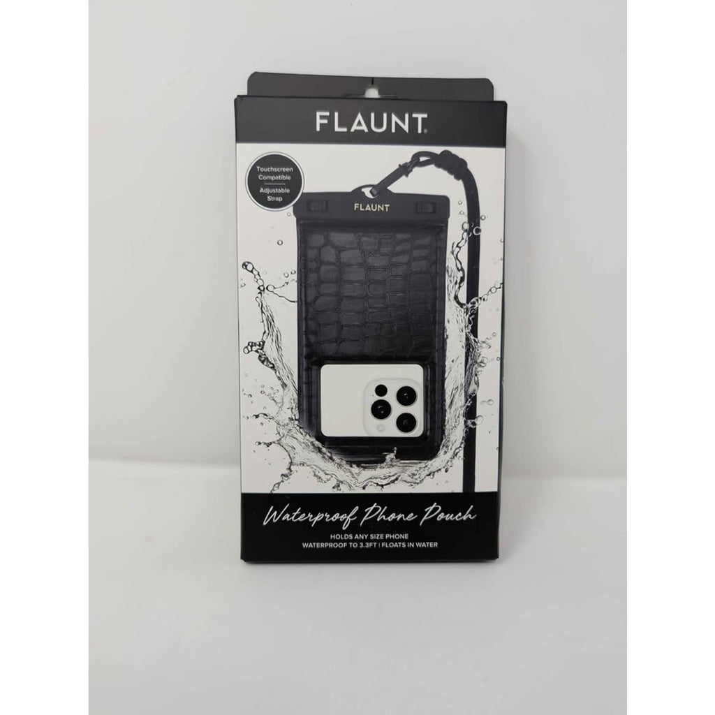 Flaunt Black Crocodile Waterproof Floating Phone Pouch with Crossbody Lanyard