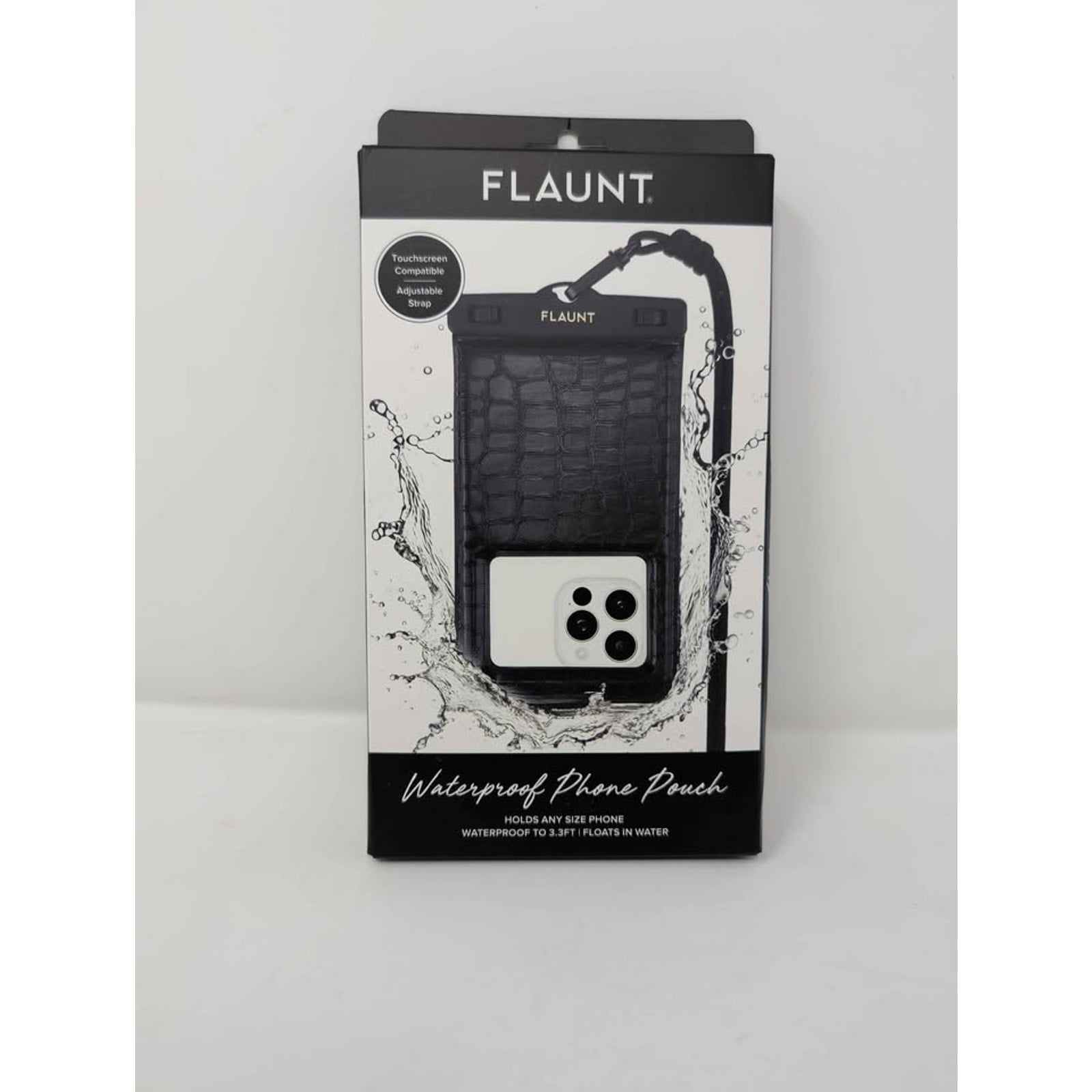Flaunt Black Crocodile Waterproof Floating Phone Pouch with Crossbody Lanyard