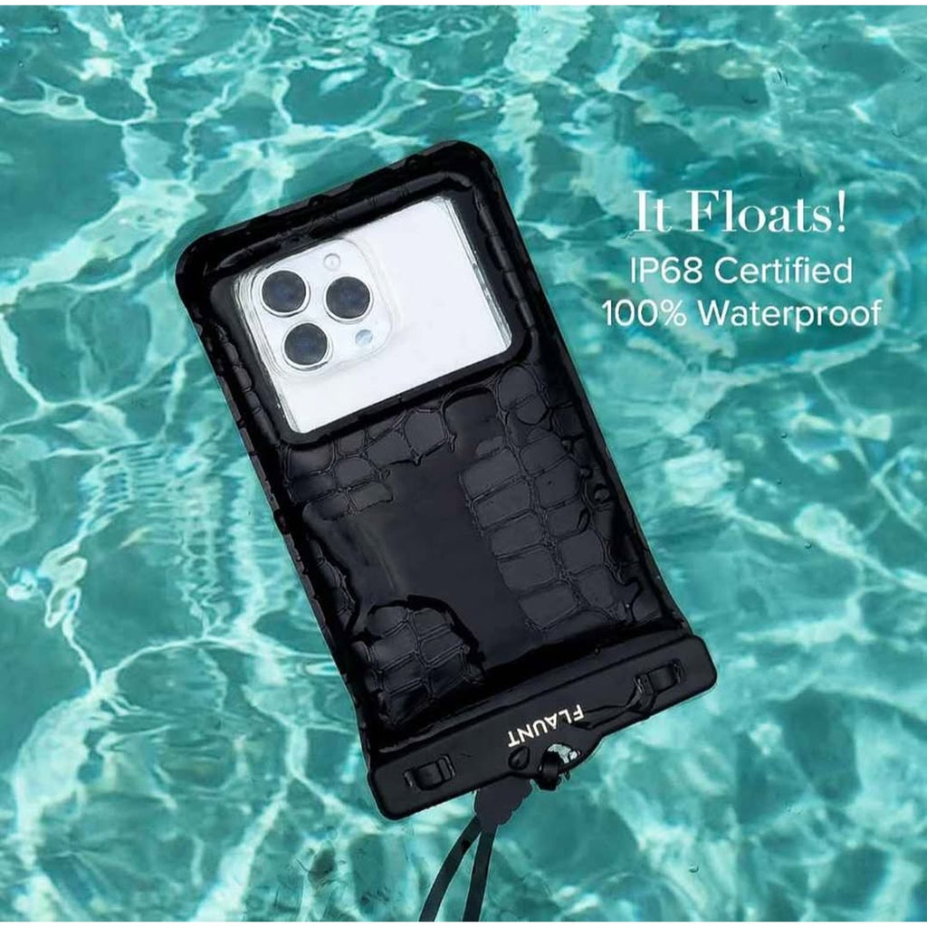 Flaunt Black Crocodile Waterproof Floating Phone Pouch with Crossbody Lanyard