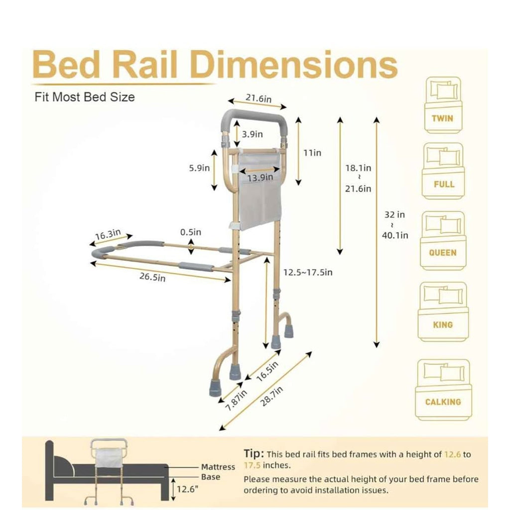 Bed Rails for Elderly Adults Safety - Adjustable Bed Cane with Non-Slip Ergonomic Handle & Storage P