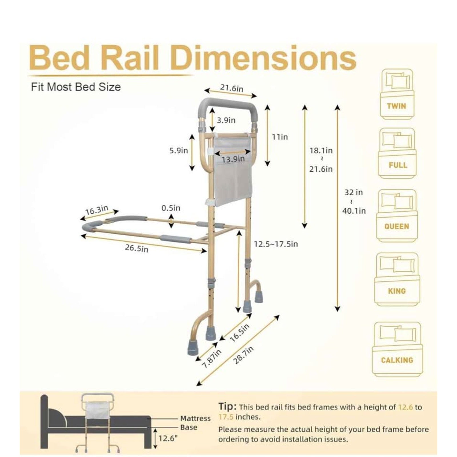 Bed Rails for Elderly Adults Safety - Adjustable Bed Cane with Non-Slip Ergonomic Handle & Storage P