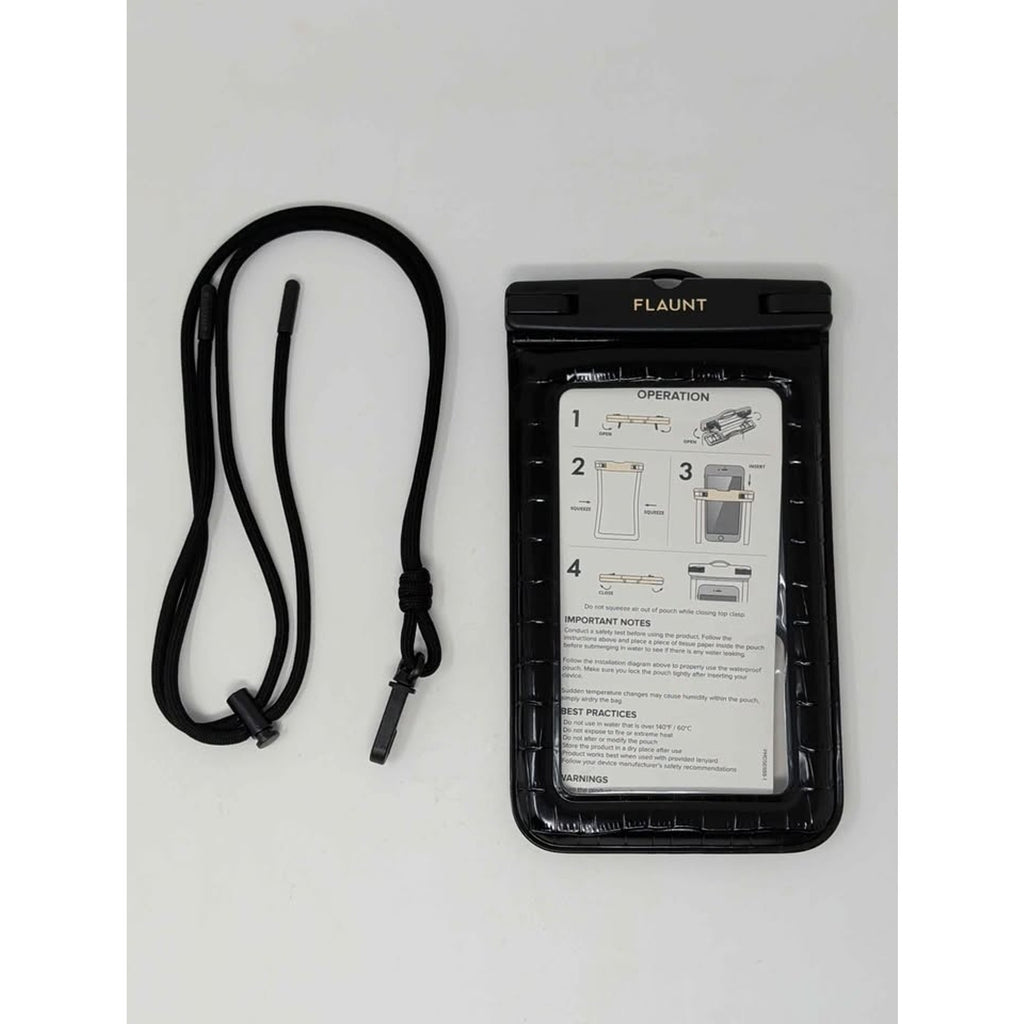 Flaunt Black Crocodile Waterproof Floating Phone Pouch with Crossbody Lanyard