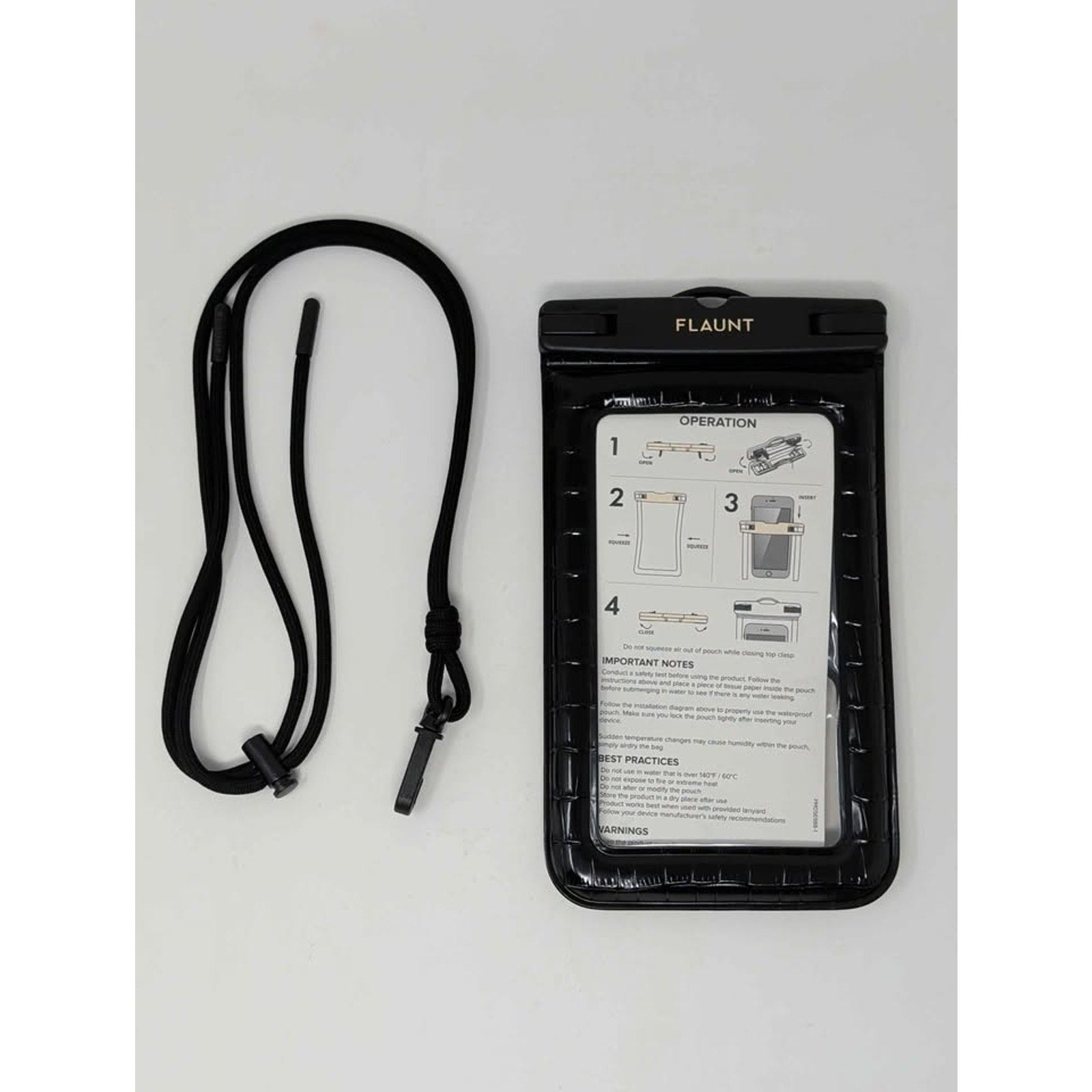 Flaunt Black Crocodile Waterproof Floating Phone Pouch with Crossbody Lanyard