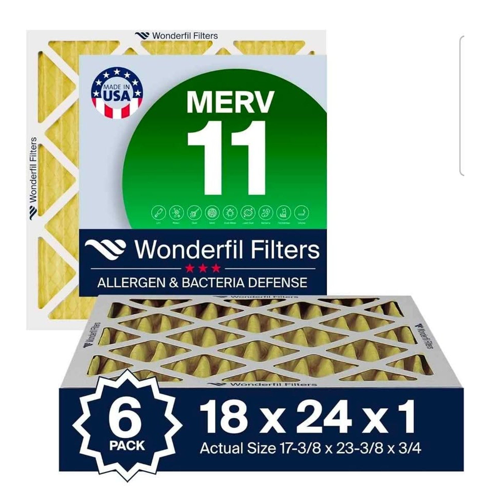 18x24x1 MERV 11 Air Filter (6-Pack) | Wonderfil Filters | Size: 17.38" x 23.38" x 0.75