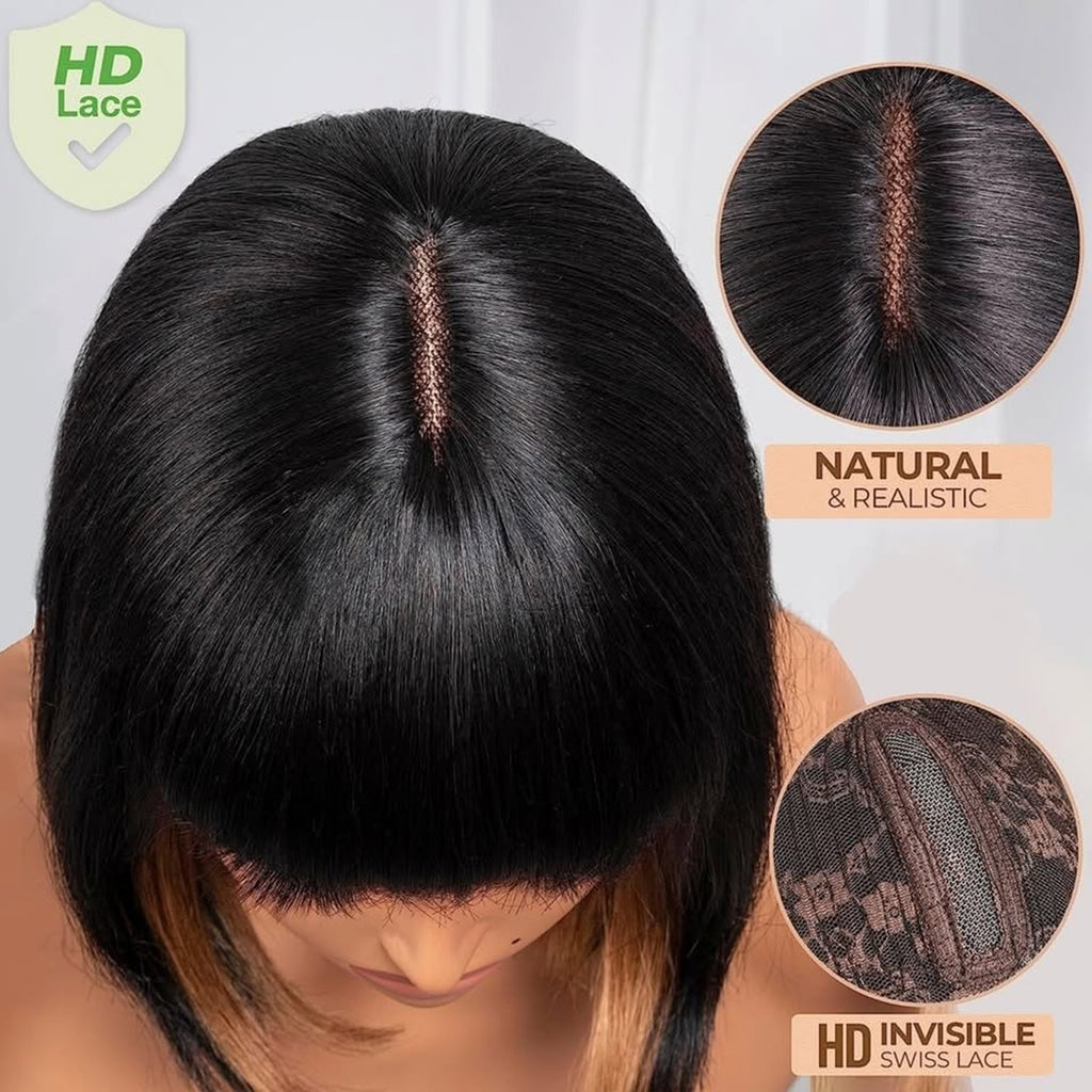 Hair Bob Wigs With Bangs- 10 Inch Black Mix Brown-100% Brazilian Virgin Hair Wig