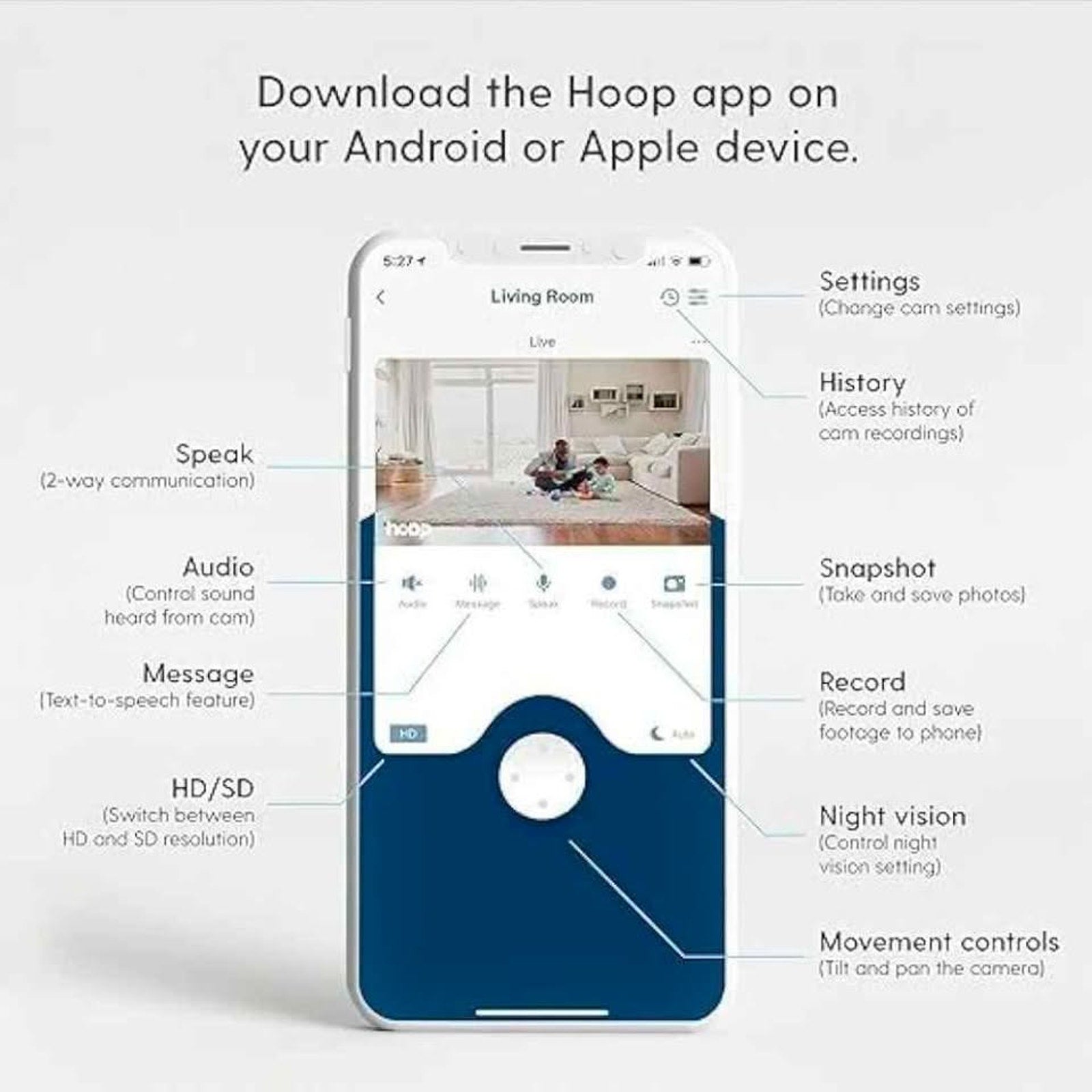 Hoop Wireless HD Indoor Security Camera with 10-Second Automatic Clip Storage, Smartphone App, Night